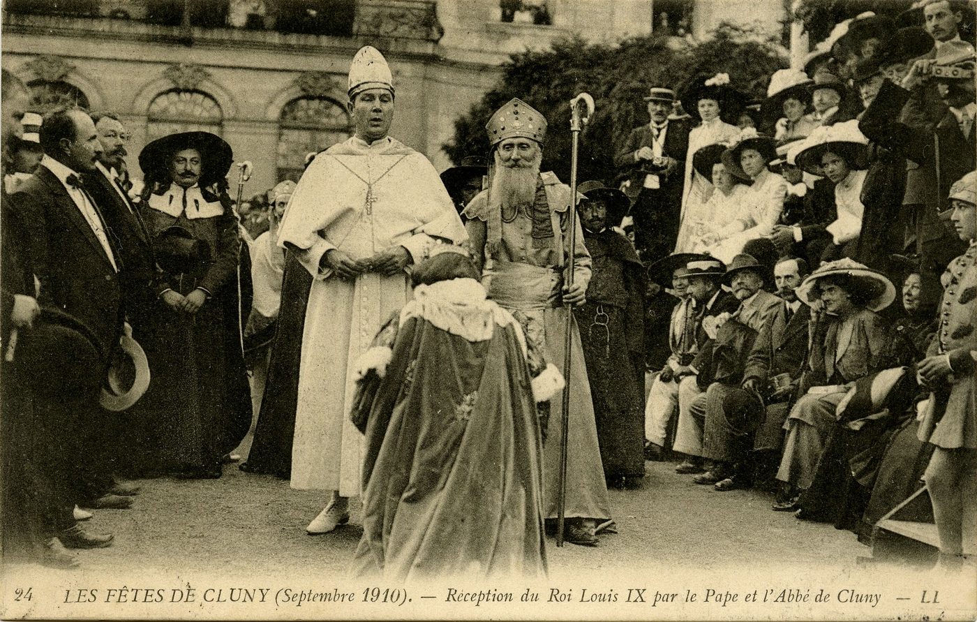 Les fêtes de Cluny (septembre 1910). Réception du roi Louis IX par le pape et l'abbé de Cluny.