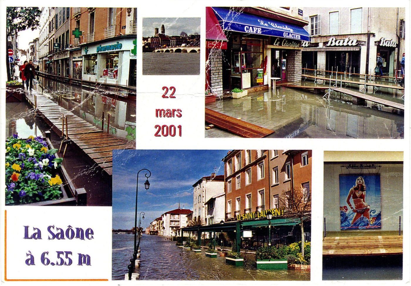 La Saône à 6,55 m. 22 mars 2001. De gauche à droite : rue Carnot, le pont de Saint-Laurent, place aux Herbes, les quais Saint-Laurent et une boutique rue Carnot.