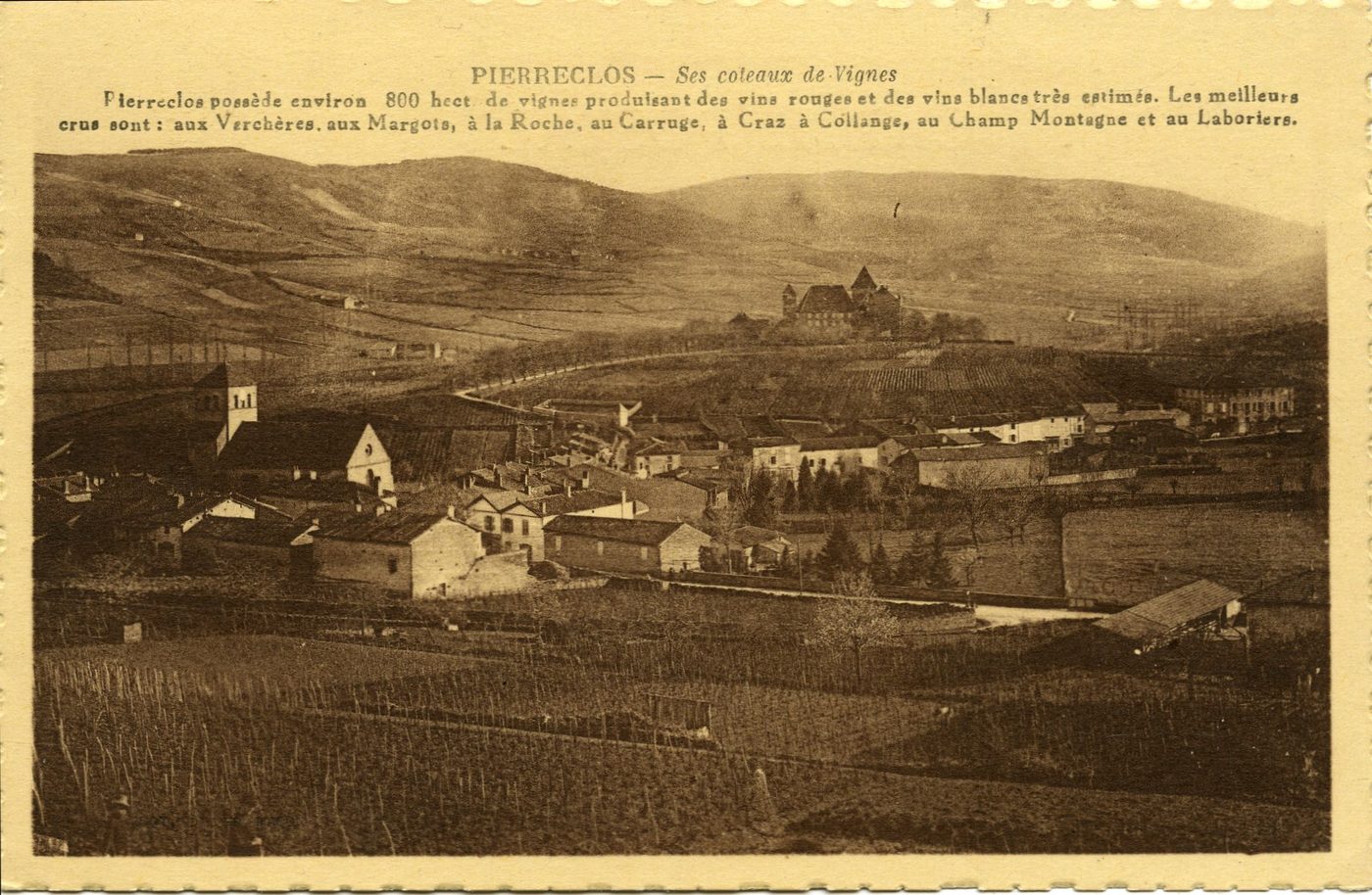 Pierreclos. Ses coteaux de vignes. Pierreclos possède environ 800 hectares de vignes produisant des vins rouges et des vins blancs très estimés. Les meilleurs crus sont : aux Verchères, aux Margots, à la Roche, au Carruge, à Cras à Collange, au Champ Montagne et au Laboriers.