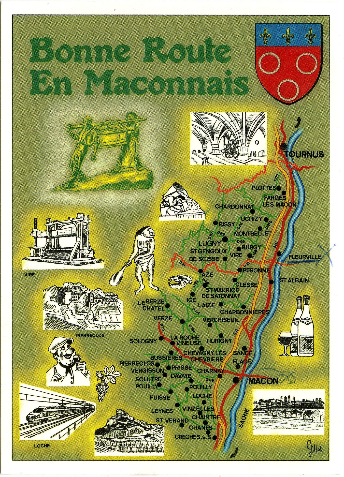 Circuit touristique en mâconnais. Région réputée pour les vins Saint Amour. Mâcon blanc et rouge, Viré. Chardonnay. Pouilly-Fuissé et aussi pour les sites préhistoriques la Roche de Solutré. Les grotte d'Azé et de Blanot.