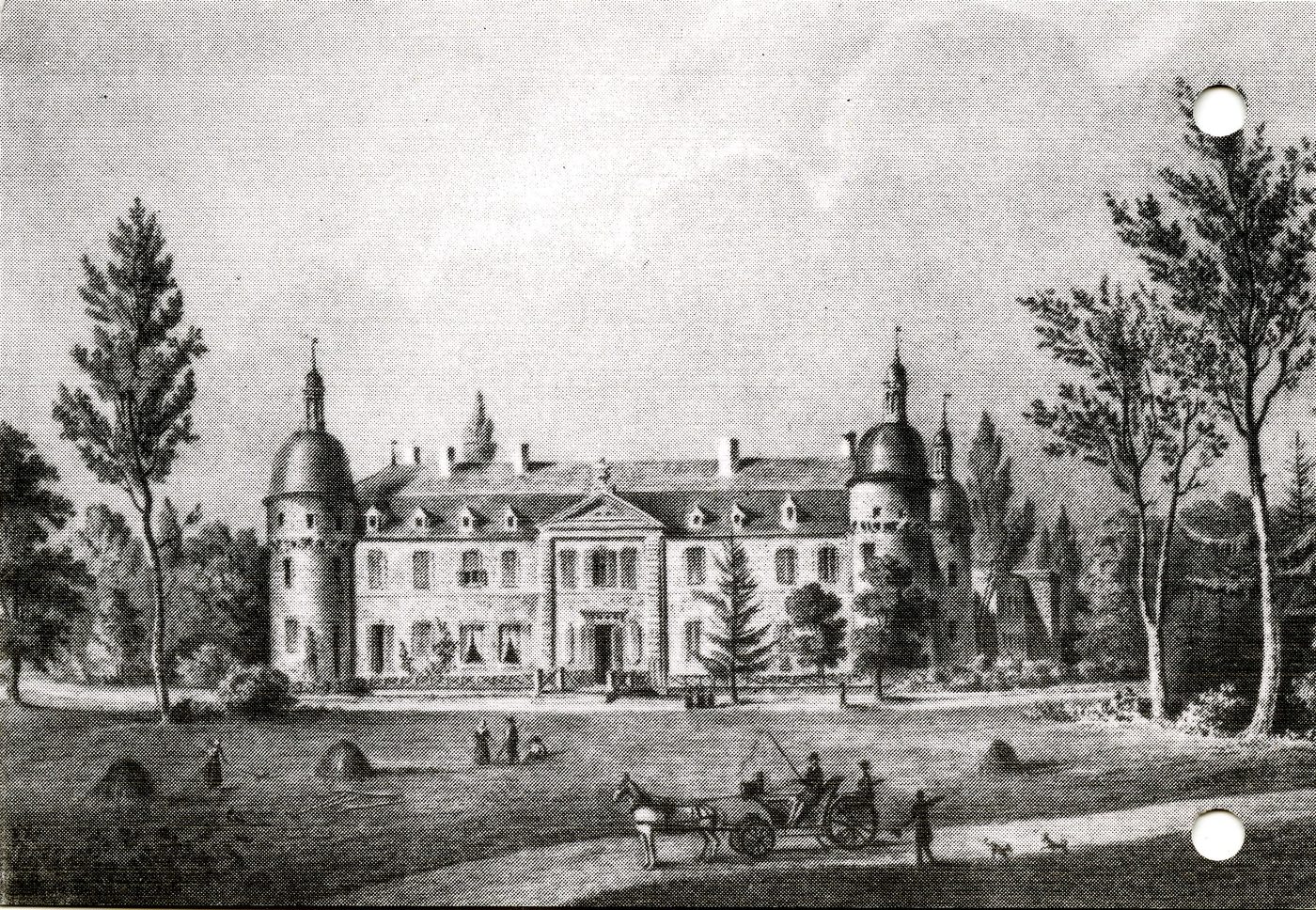 Château de Pierre-de-Bresse. Exposition permanente, consacrée au milieu naturel, à l'histoire, et à la vie quotidienne en Bresse Bourguignonne. Ecomusée de la Bresse Bourguignonne. Vue du côté des jardins. H. Valton d'après Pernot.