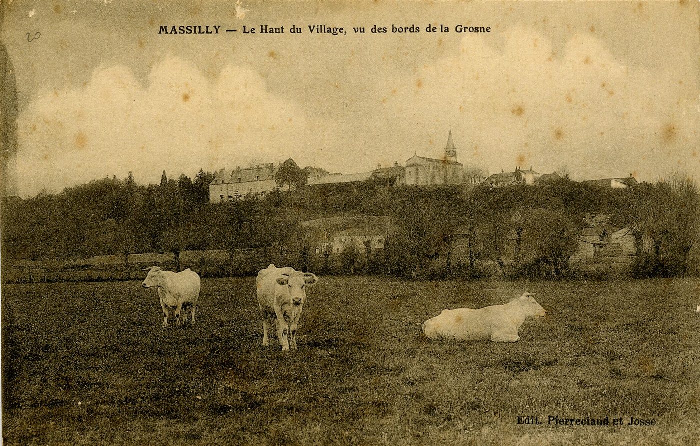 Massilly. Le haut du village, vu des bords de la Grosne.