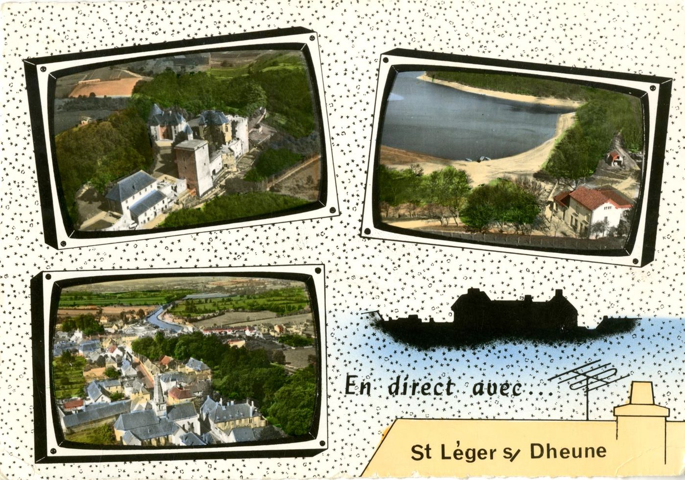 Saint-Léger-sur-Dheune et ses environs (Saône-et-Loire).- Château de Couches, étang de Montaubry, vue générale.