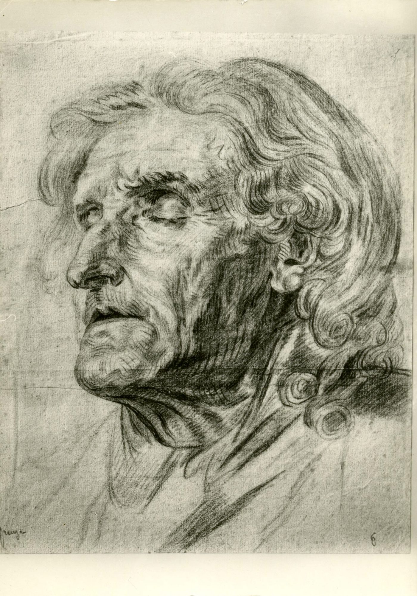 Tournus (Saône-et-Loire).- Musée Greuze, vieille femme, tête d'expression. Gravure du XVIIIe siècle d'après Greuze.