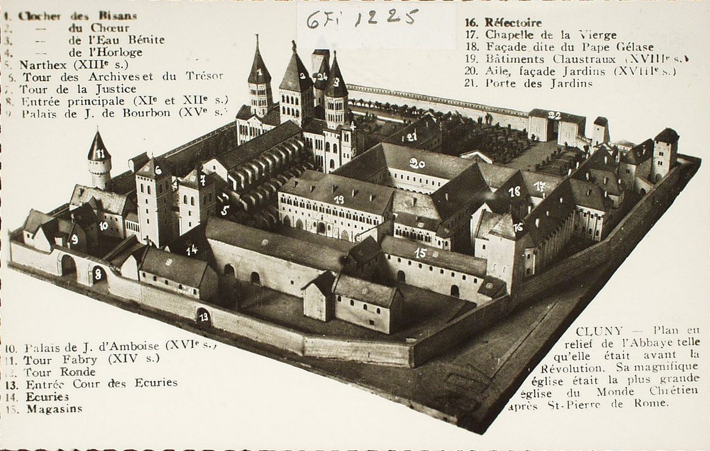 Cluny. Plan en relief de l'abbaye telle qu'elle était avant la Révolution. Sa magnifique église était la plus grande église du Monde Chrétien après Saint-Pierre-de-Rome.