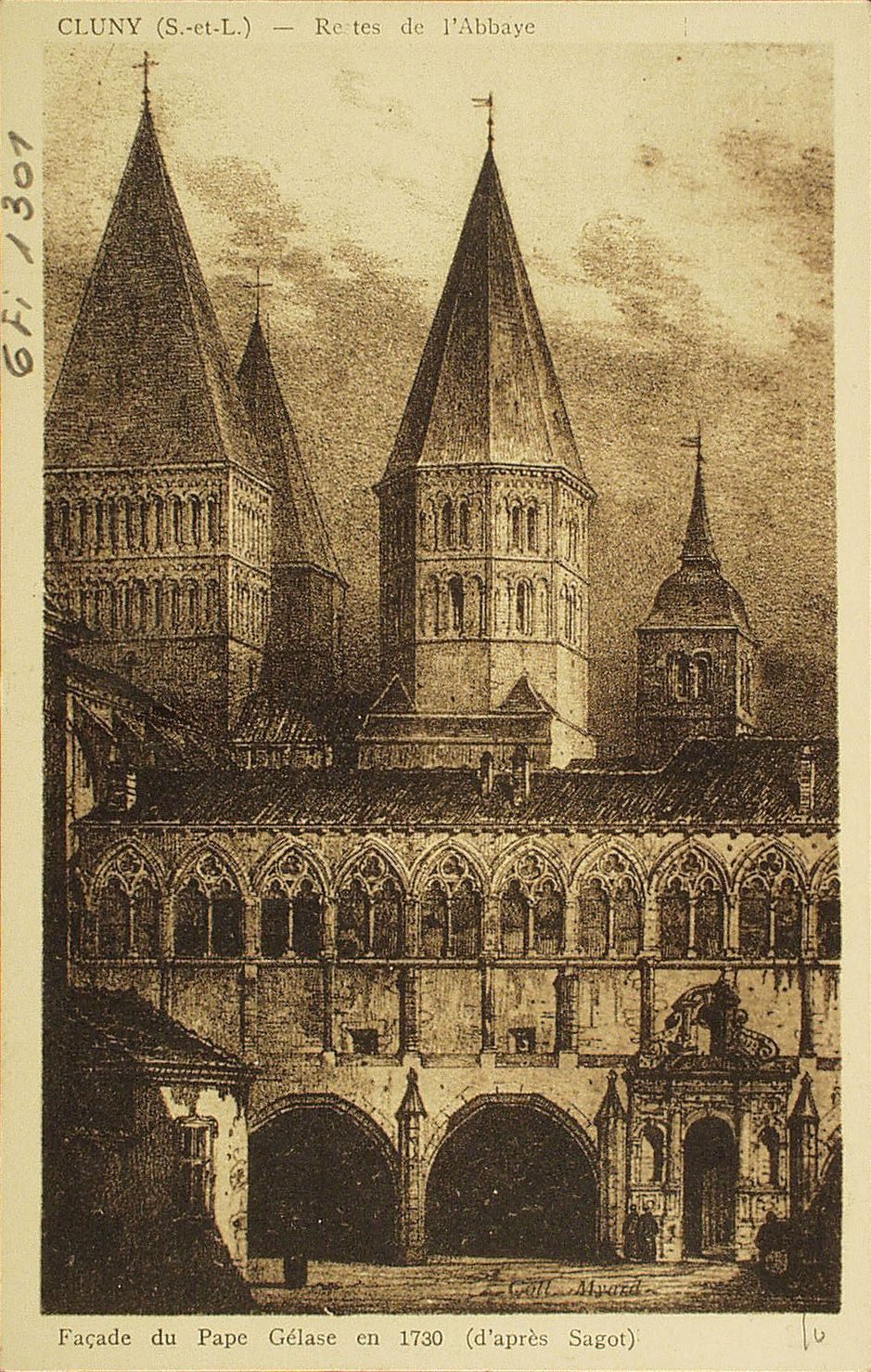 Cluny. Restes de l'abbaye. Façade du pape Gélase en 1730 (d'après Sagot).