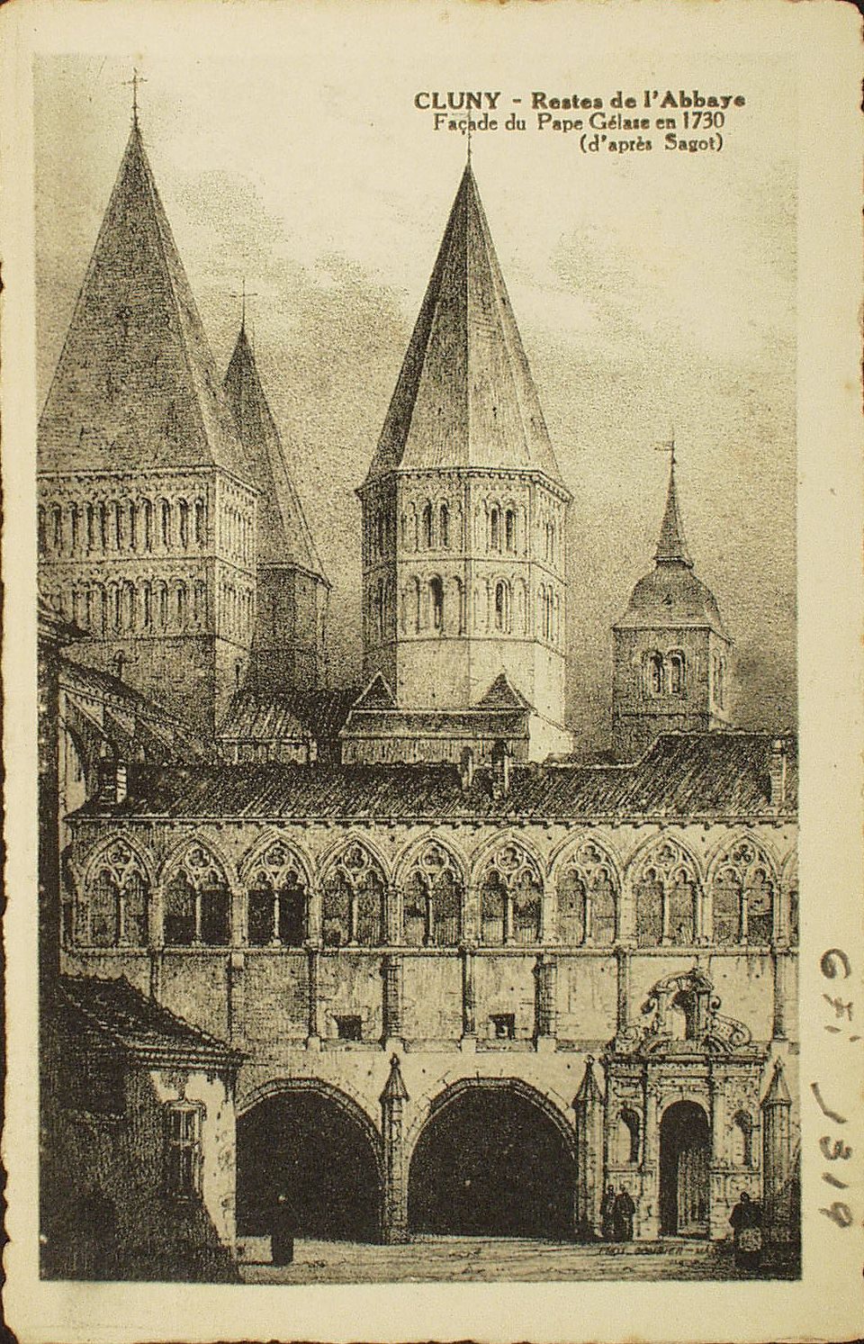 Cluny. Restes de l'abbaye. Façade du pape Gélase en 1730 (d'après Sagot).