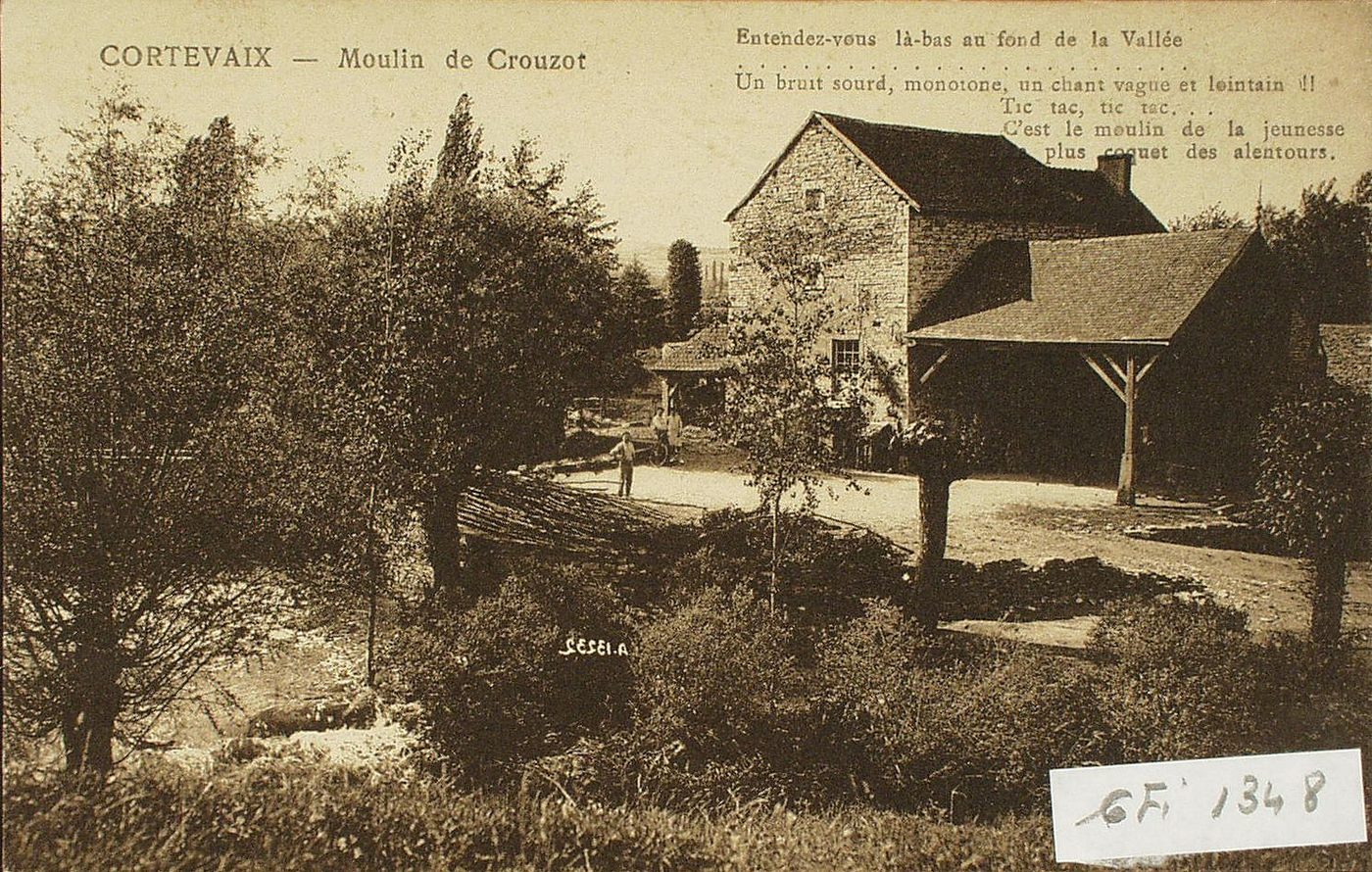 Cortevaix. Moulin de Crouzot. "Entendez-vous là-bas au fond de la Vallée. Un bruit sourd, monotone, un chant vague et lointain! Tic, tac, tic, tac. C'est le moulin de la jeunesse le plus coquet des alentours."