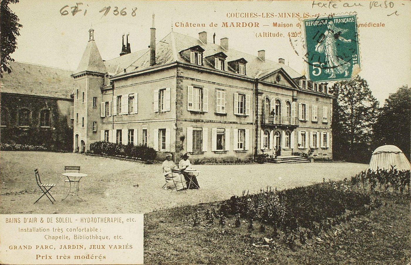 Couches-les-Mines. Château de Mardor. (altitude 420m). Bains d'air et de soleil. Hydrothérapie, etc. Installation très confortable : chapelle, bibliothèque, etc. Grand parc, jardin, jeux variés. Prix très modérés.