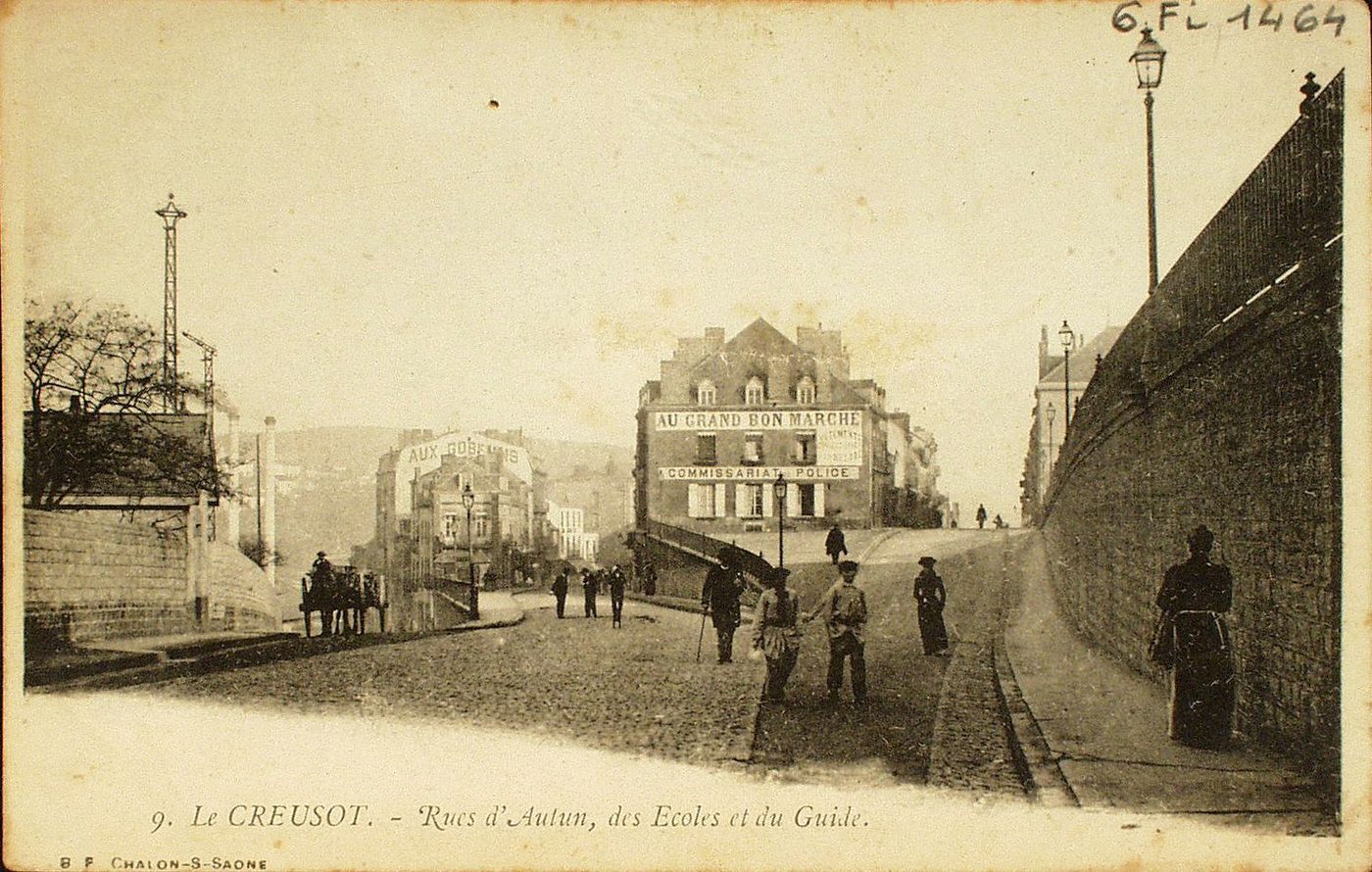 Le Creusot. Rues d'Autun, des Ecoles et du Guide.