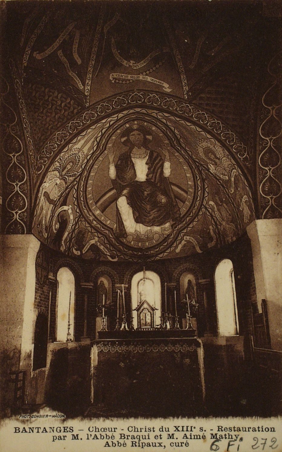 Bantanges. Choeur. Christ du XIIIe siècle. Restauration par M. l'abbé Braqui et M. Aimé Mathy, Abbé Ripaux, curé.