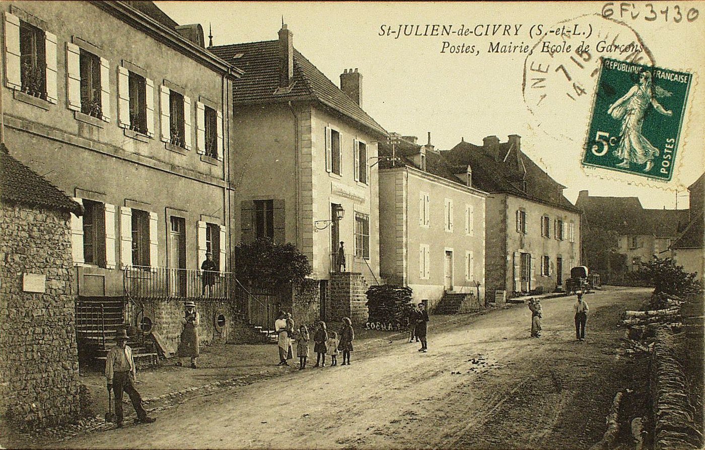 Saint-Julien-de-Civry. Postes, Mairie, Ecole de garçons.