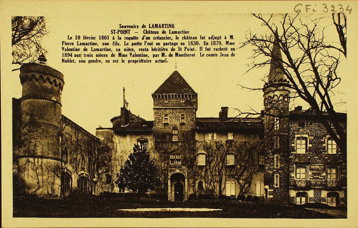 Souvenirs de Lamartine. Saint-Point. Château de Lamartine. Le 10 février 1801 à la requête d'un créancier, le château fut adjugé à M. Pierre Lamartine, son fils. Le poète l'eut en partage en 1830. En 1870, Mme Valentine de Lamartine, sa nièce, resta héritière de Saint-Point. Il fut racheté en 1894 aux trois nièces de Mme Valentine, par M. de Montherot. Le comte Jean de Noblet, son gendre, en est le propriétaire actuel.