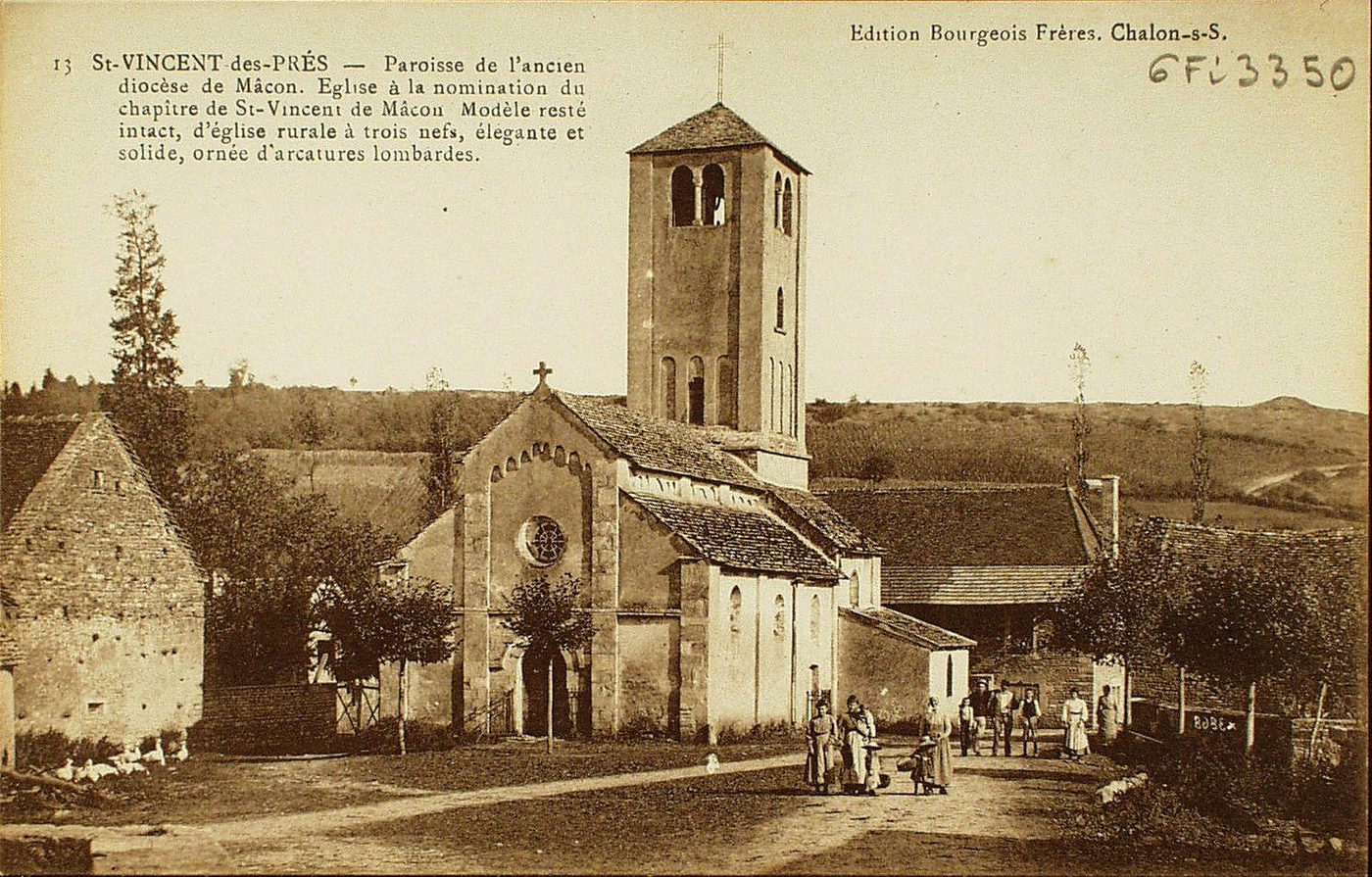 Saint-Vincent-des-Prés. Paroisse de l'ancien diocèse de Mâcon. Eglise à la nomination du chapitre de Saint-Vincent de Mâcon. Modèle resté intact d'église rurale à trois nefs, élégante et solide, ornée d'arcatures lombardes.