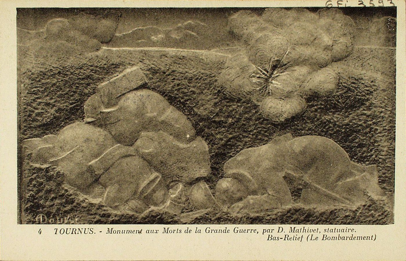 Tournus. Monument aux morts de la grande guerre, par D. Mathivet, statuaire. Bas-relief "le bombardement".