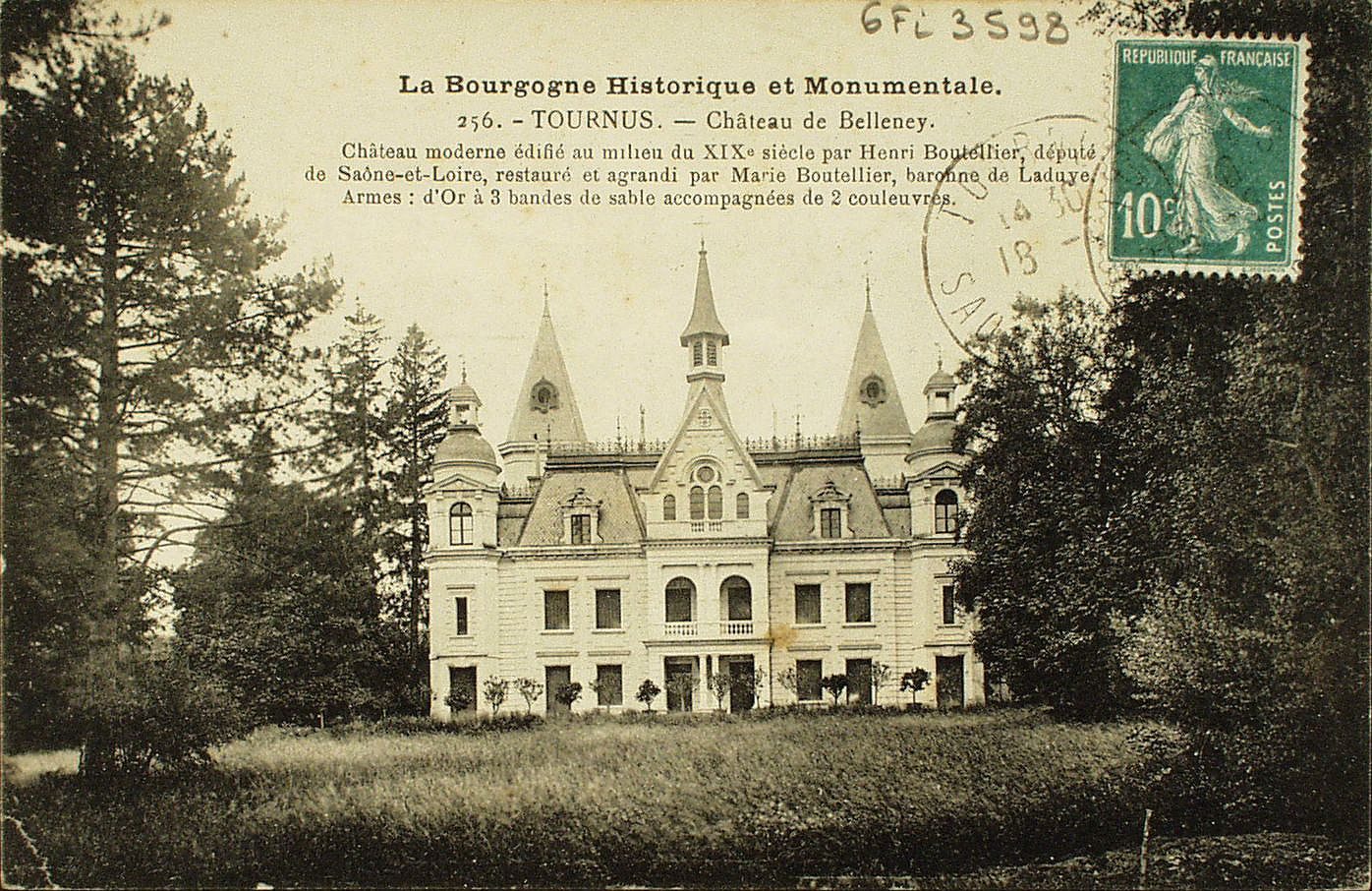 La Bourgogne historique et monumentale. Tournus. Château de Belleney. Château moderne édifié au milieu du XIXe s. par Henri Boutellier, député de Saône-et-Loire, restauré et agrandi par Marie Boutellier, baronne de Laduye. Armes : d'or à 3 bandes de sable accompagnées de 2 couleuvres.