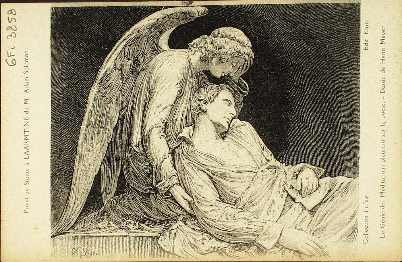 Projet de statue à Lamartine de M. Adam Salomon. Le génie des Méditations pleurant sur le poète. Dessin de Henri Meyer.