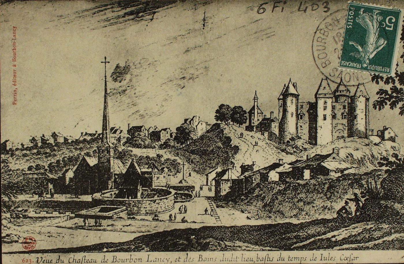 Vue du château de Bourbon-Lancy, et des bains dudit lieu, bâtis du temps de Jules César.