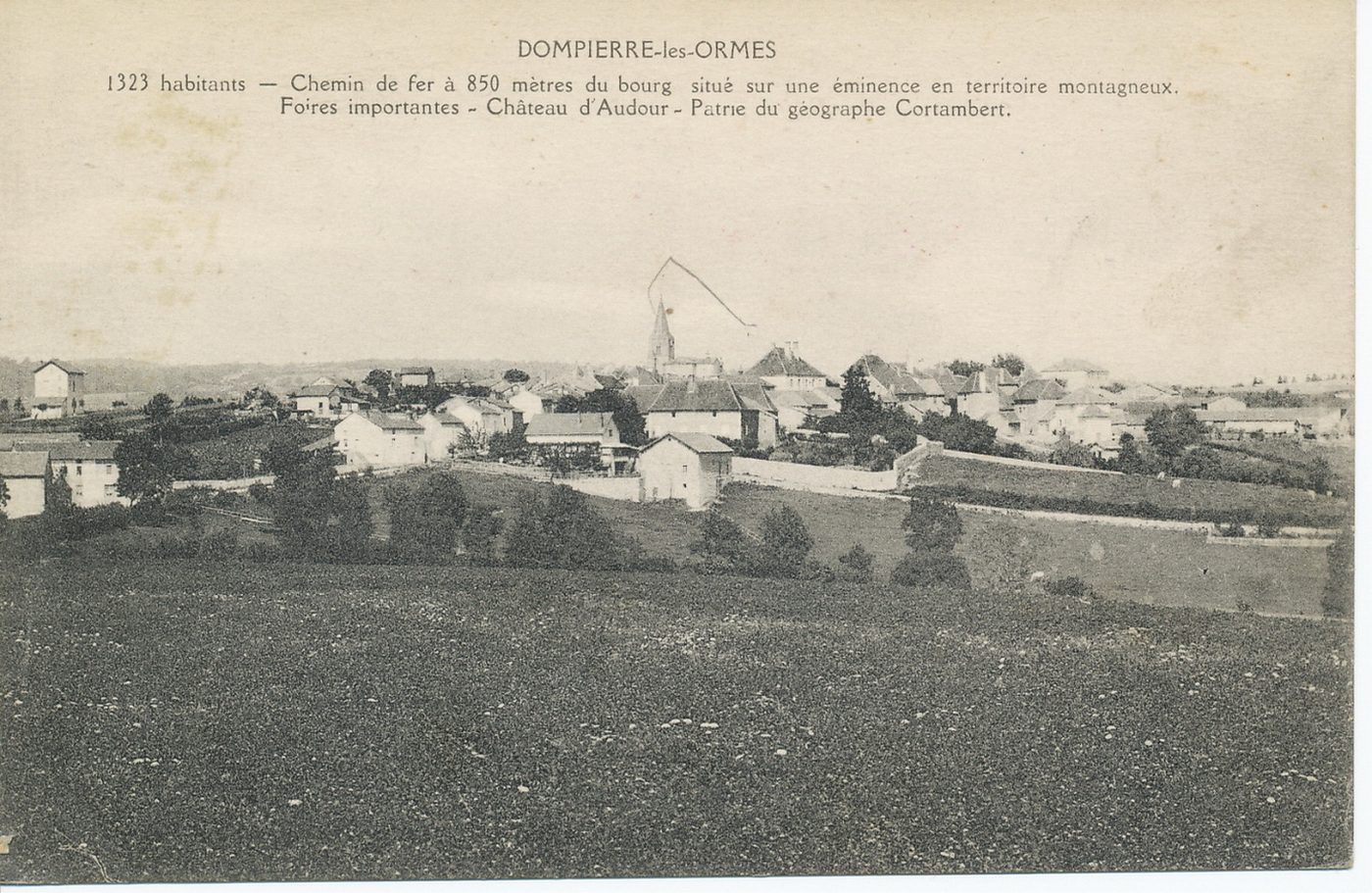 Dompierre-les-Ormes. 1323 habitants. Chemin de fer à 850 mètres du bourg situé sur une éminence en territoire montagneux. Foires importantes. Château d'Audour. Patrie du géographe Cortambert.