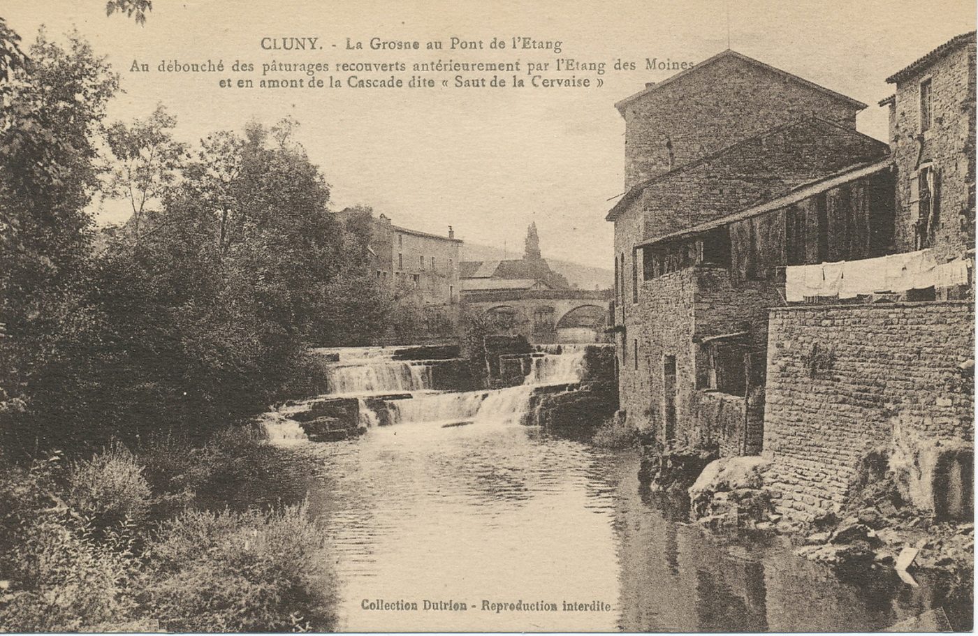Cluny. La Grosne au pont de l'Etang. Au débouché des pâturages recouverts antérieurement par l'étang des Moines et en amont de la cascade dit "Saut de la Cervaise".