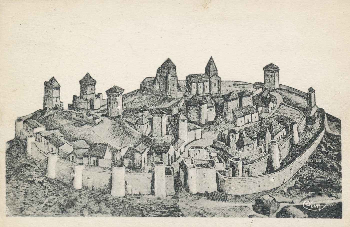 Environs d'Anglure-sous-Dun. Ancienne forteresse de Dun. Cette forteresse avait deux portes : l'une de Mâcon et l'autre de Saint-Laurent : quatre tours carrées et des murs épais ; tout fut pris et brûlé par Philippe Auguste, qui fit la guerre aux comtes de Chalon, de Mâcon, de Beaujeu, pour les punir d'avoir ravagé les terres éclésiastiques et des moines en 1881. Dun ne s'est jamais relevé de ses ruines.