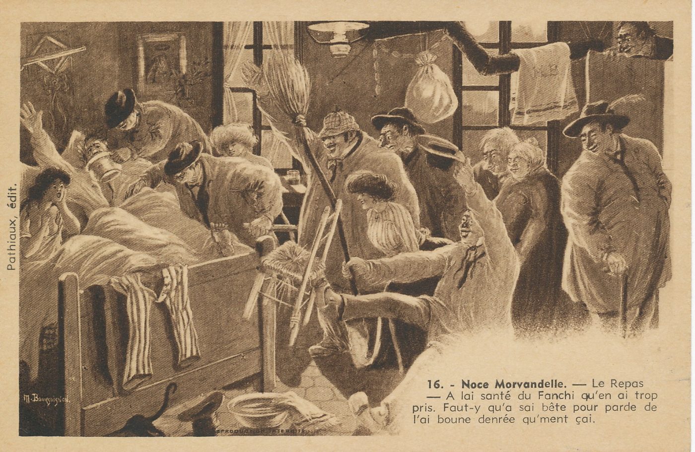 Noce morvandelle. Le repas. A la santé du Fanchi qu'en ai trop pris. Faut-y qu'a sai bête pour parde de l'ai boune denrée qu'ment çai.