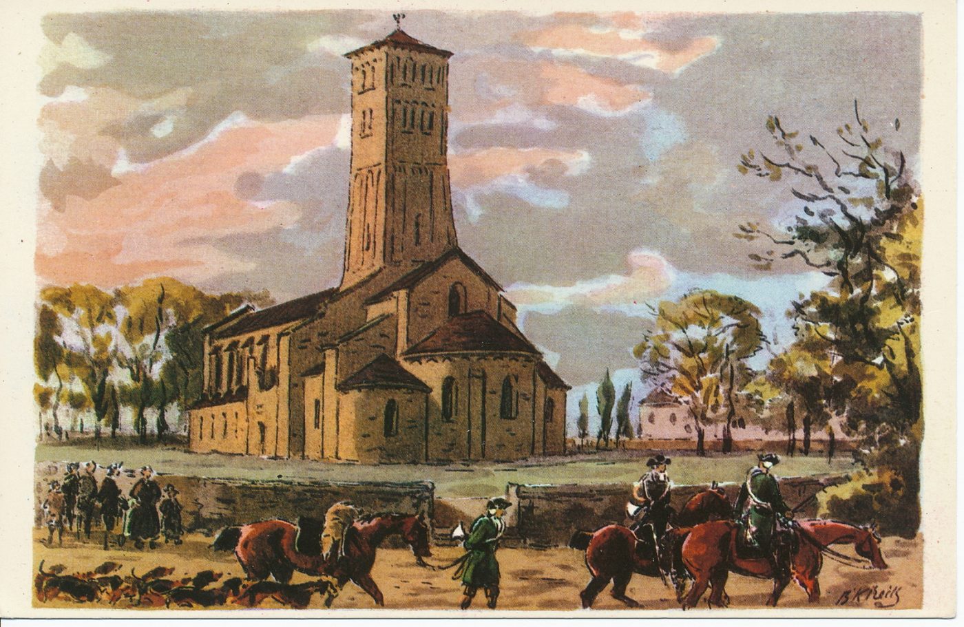 Eglise de Chapaize (XIe s.). Reproduction d'après l'aquarelle du Baron Karl Reille. Extraite de l'ouvrage "les gentishommes chasseurs" du marquis de Foudras.