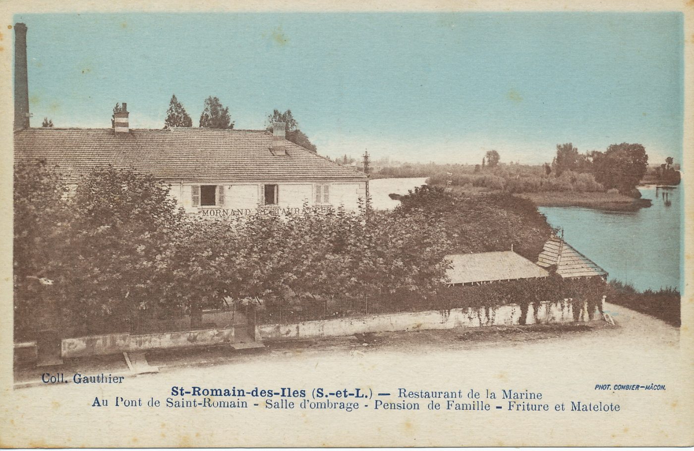 Saint-Romain-des-Iles. Restaurant de marine. Au pont de Saint-Romain. Salle d'ombrage. Pension de famille. Friture et matelote.