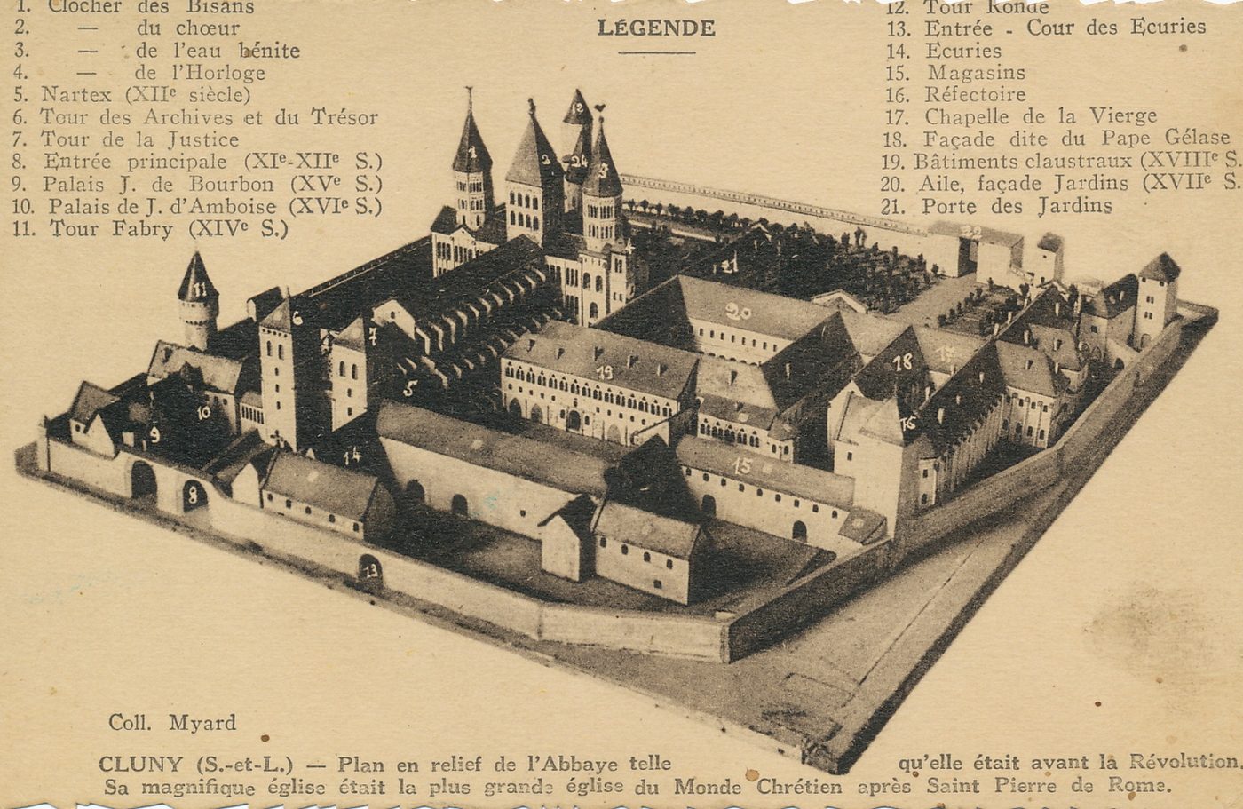Cluny. Plan en relief de l'abbaye telle qu'elle était avant la Révolution. Sa magnifique église était la plus grande église du monde chrétien après Saint-Pierre de Rome.