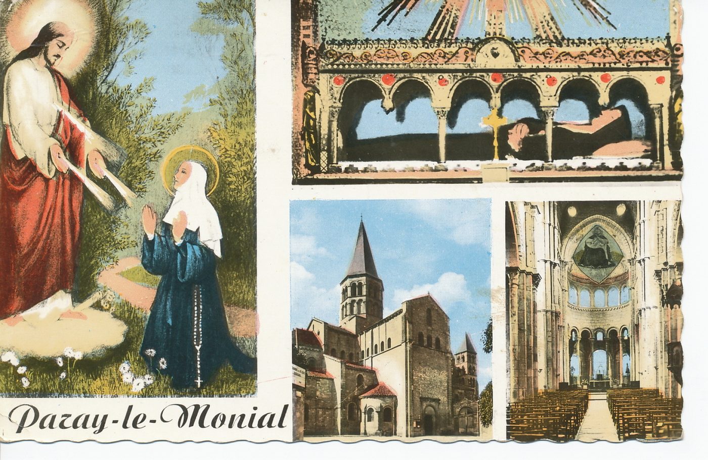 Paray-le-Monial. Apparition de Notre-Seigneur à sainte Marguerite-Marie Alacoque. Châsse renfermant les reliques de sainte Marguerite Marie Alacoque. Basilique du Sacré-Coeur. Intérieur de la basilique.