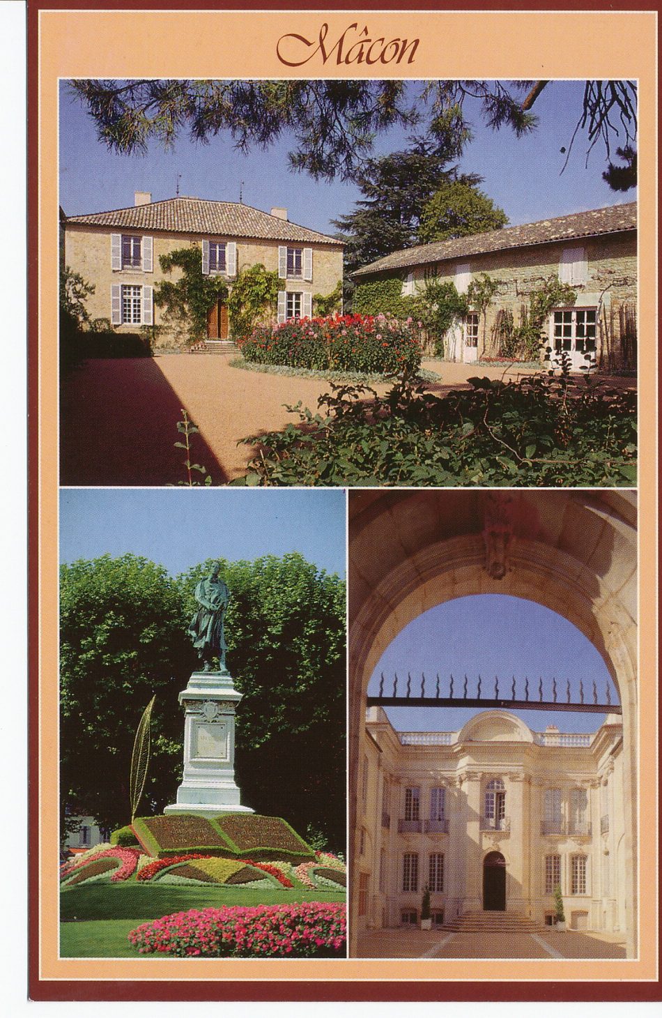 Mâcon. Bourgogne du Sud. Au pays d'Alphonse de Lamartine : né à Mâcon en 1790. Musée Lamartine : l'hôtel Senecé, construit vers 1710 par Jacques Delaporte de Marnay, siège de l'académie de Mâcon abrite, depuis 1969, le musée Lamartine consacré à la vie et l'oeuvre du poète et de l'homme d'Etat.