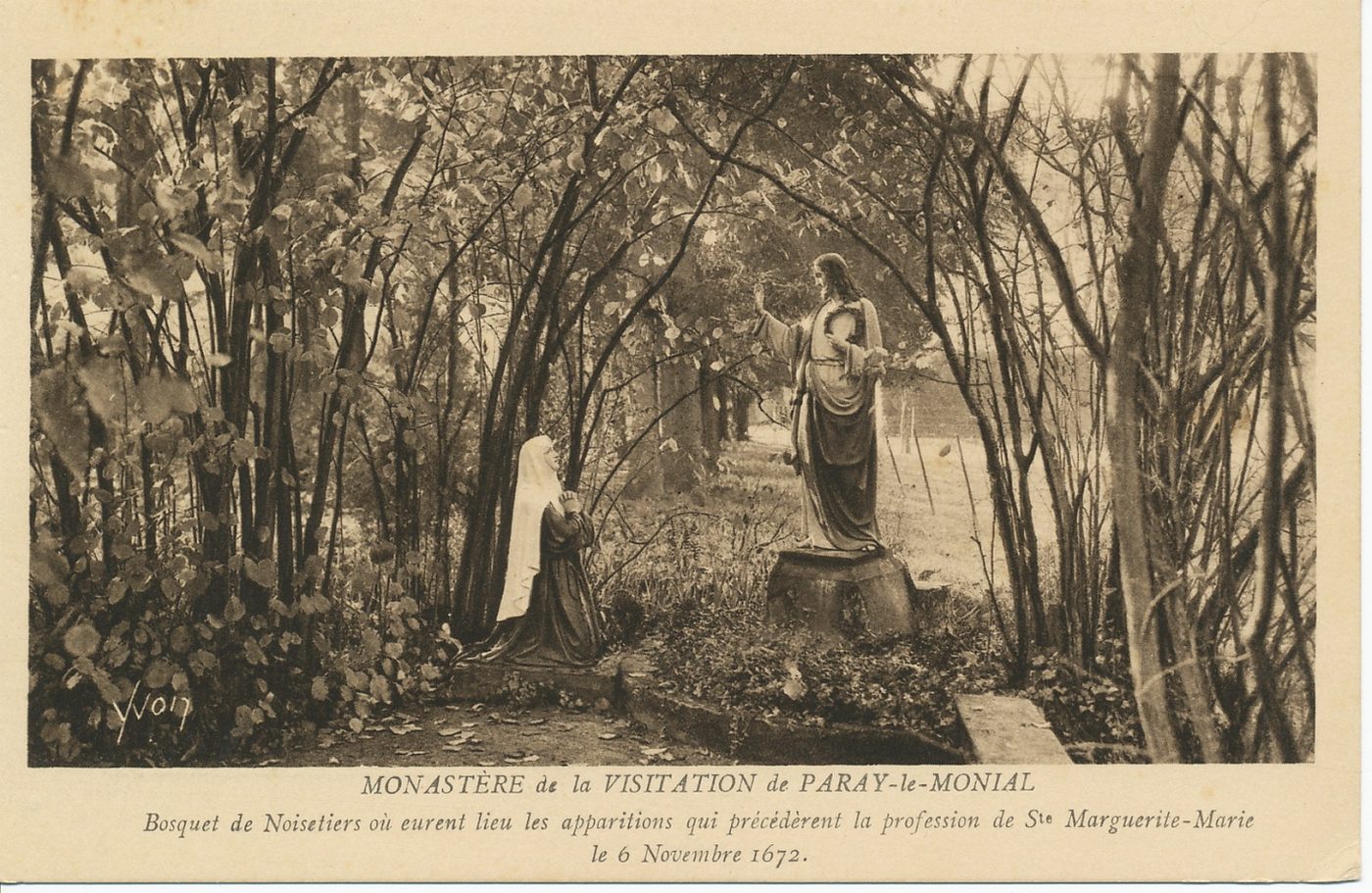 Monastère de la Visitation de Paray-le-Monial. Bosquet de noisetiers où eurent lieu les apparitions qui précédèrent la profession de sainte Marguerite-Marie le 6 novembre 1672.