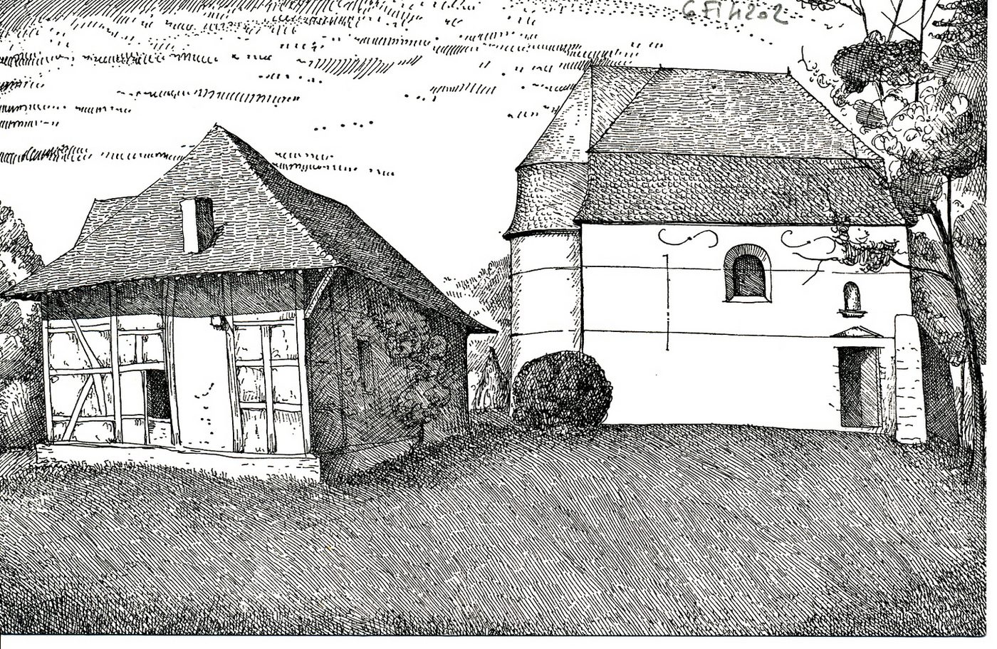 Romenay. La chapelle de Saint-Romain. Dessin de Michel Bouillot.