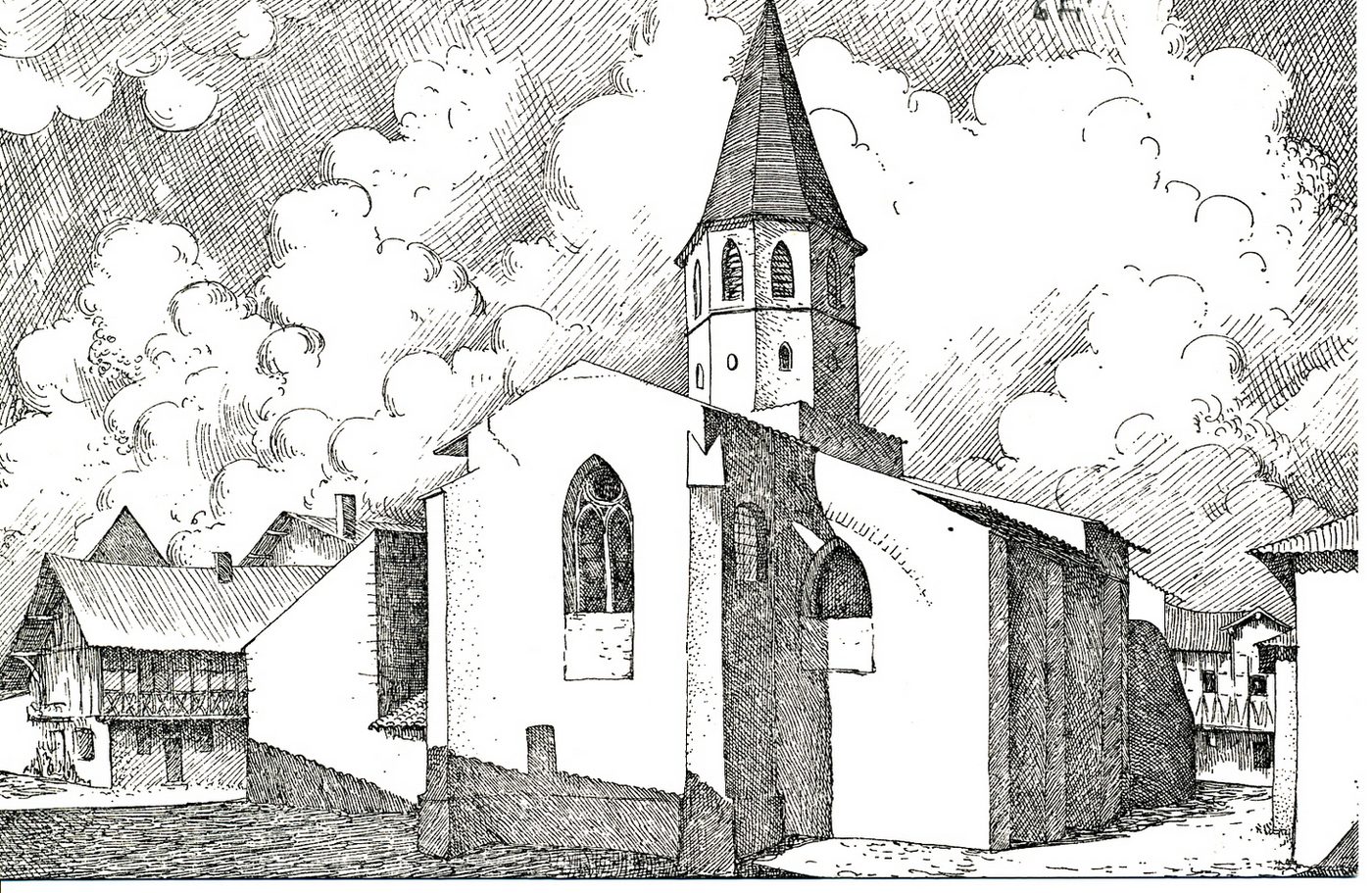 Romenay. L'église. Dessin de Michel Bouillot.