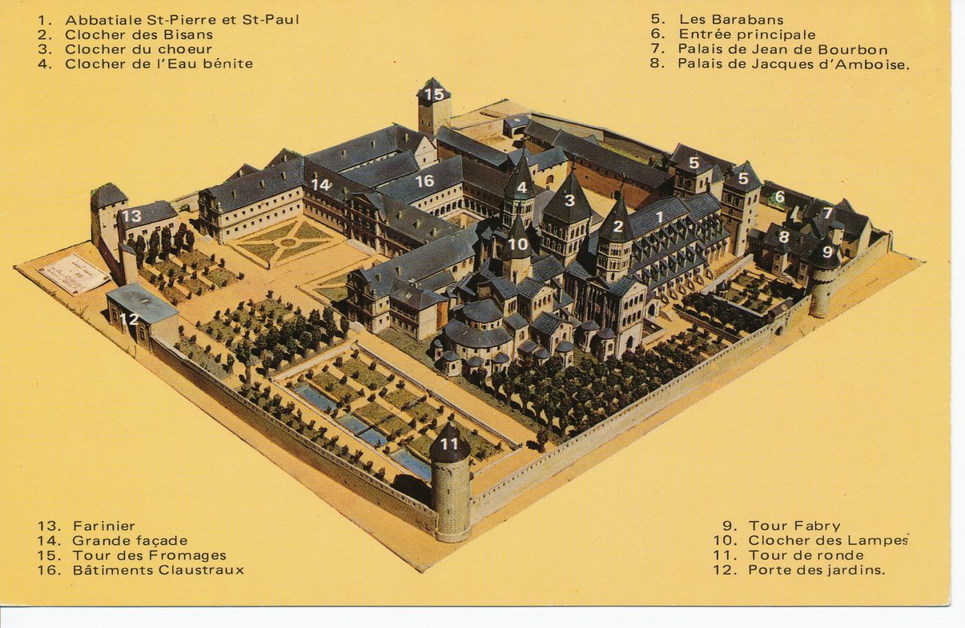 En Bourgogne. Abbaye de Cluny. Exécutée par le cordonnier François Gueugnon en 1855, cette maquette représente l'abbaye telle qu'elle était avant la Révolution. Elle possédait la plus grande église du monde chrétien après Saint-Pierre-de-Rome.