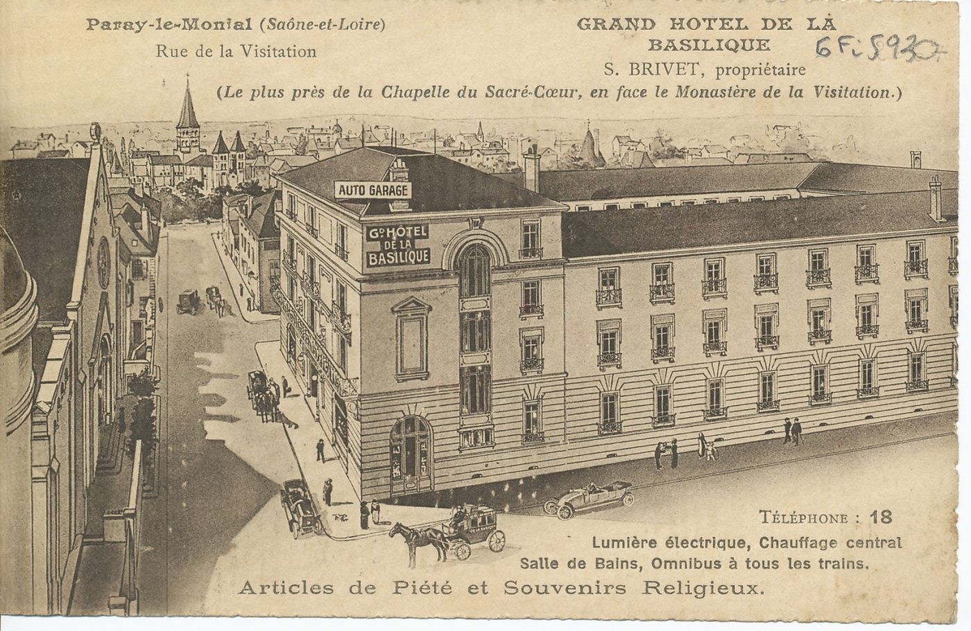 Paray-le-Monial. Grand hôtel de la basilique (le plus près de la chapelle du Sacré-Coeur, en face du Monastère de la Visitation). Lumière électrique, chauffage central, salle de bains, omnibus à tous les trains. Articles de piété et souvenirs religieux.