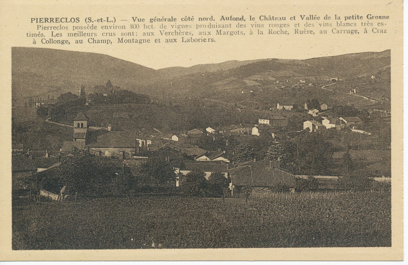 Pierreclos. Vue générale côté nord. Au fond, le château et vallée de la petite Grosne. Pierreclos possède environ 800 hectares de vignes produisant des vins rouges et des vins blancs très estimés. Les meilleurs crus sont : aux Verchères, aux Margots, à la Roche, Ruère, au Carruge, à Craz, à Collonges, au Champ, Montagne et aux Laboriers.