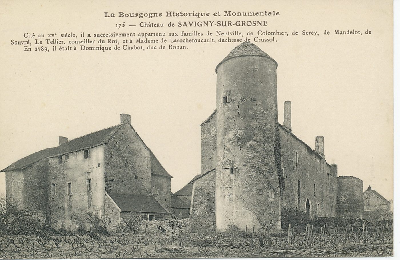 La Bourgogne historique et monumentale. Château de Savigny-sur-Grosne. Cité au XVe s, il a successivement appartenu aux familles de Neufville, de Colombier, de Sercy, de Mandelot, de Souvré, le Tellier, conseiller du roi, et à Madame de Larochefoucault, duchesse de Crussol. En 1789, il était à Dominique de Chabot, duc de Rohan.