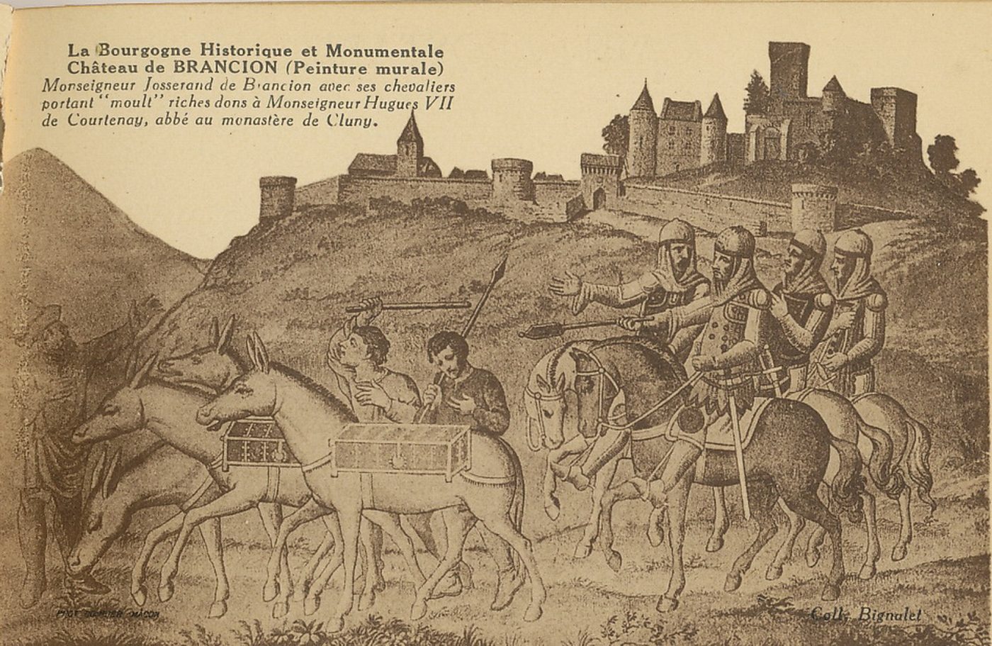 La Bourgogne historique et monumentale. Château de Brancion (peinture murale). Monseigneur Josserand de Brancion avec ses chevaliers portant "moult" riches dons à Monseigneur Hugues VII de Courtenay, abbé au monastère de Cluny.