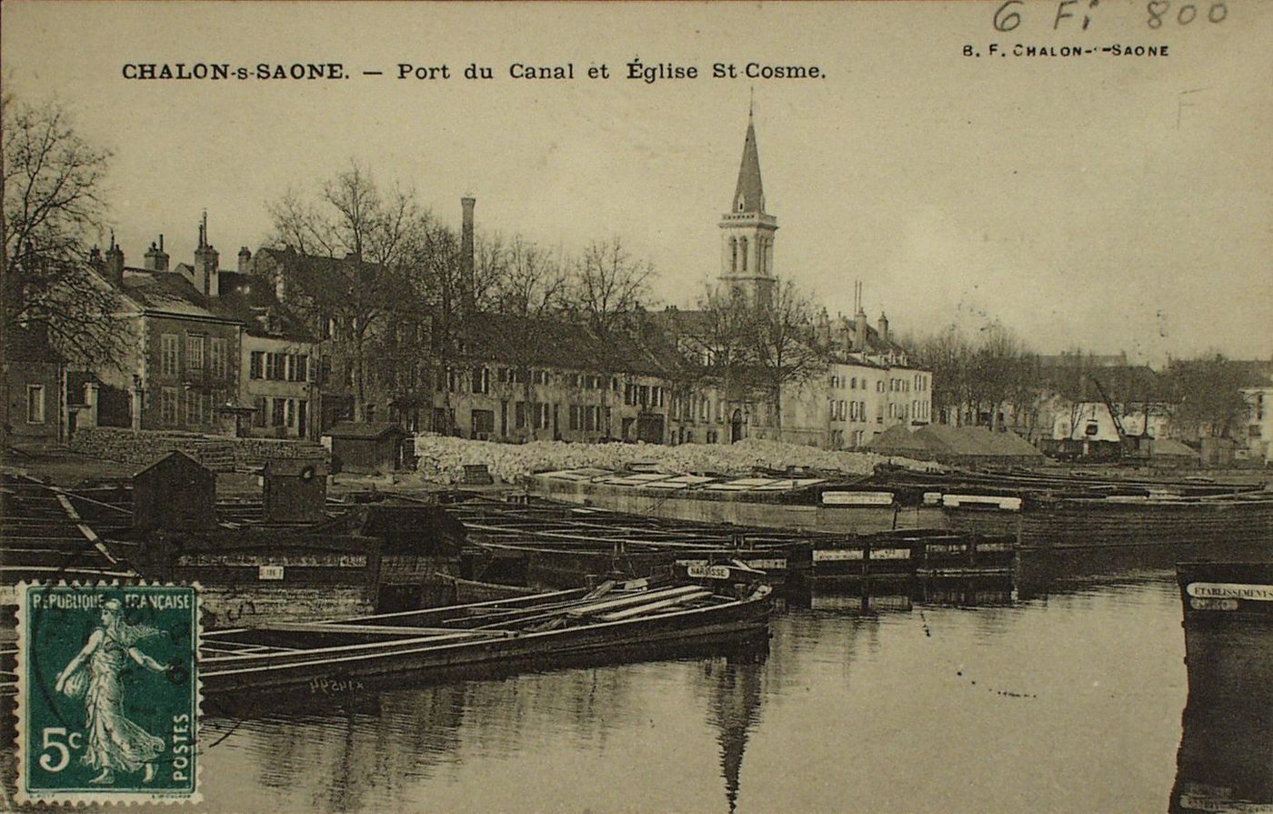 Chalon-sur-Saône. Port du canal et église Saint- Cosme.