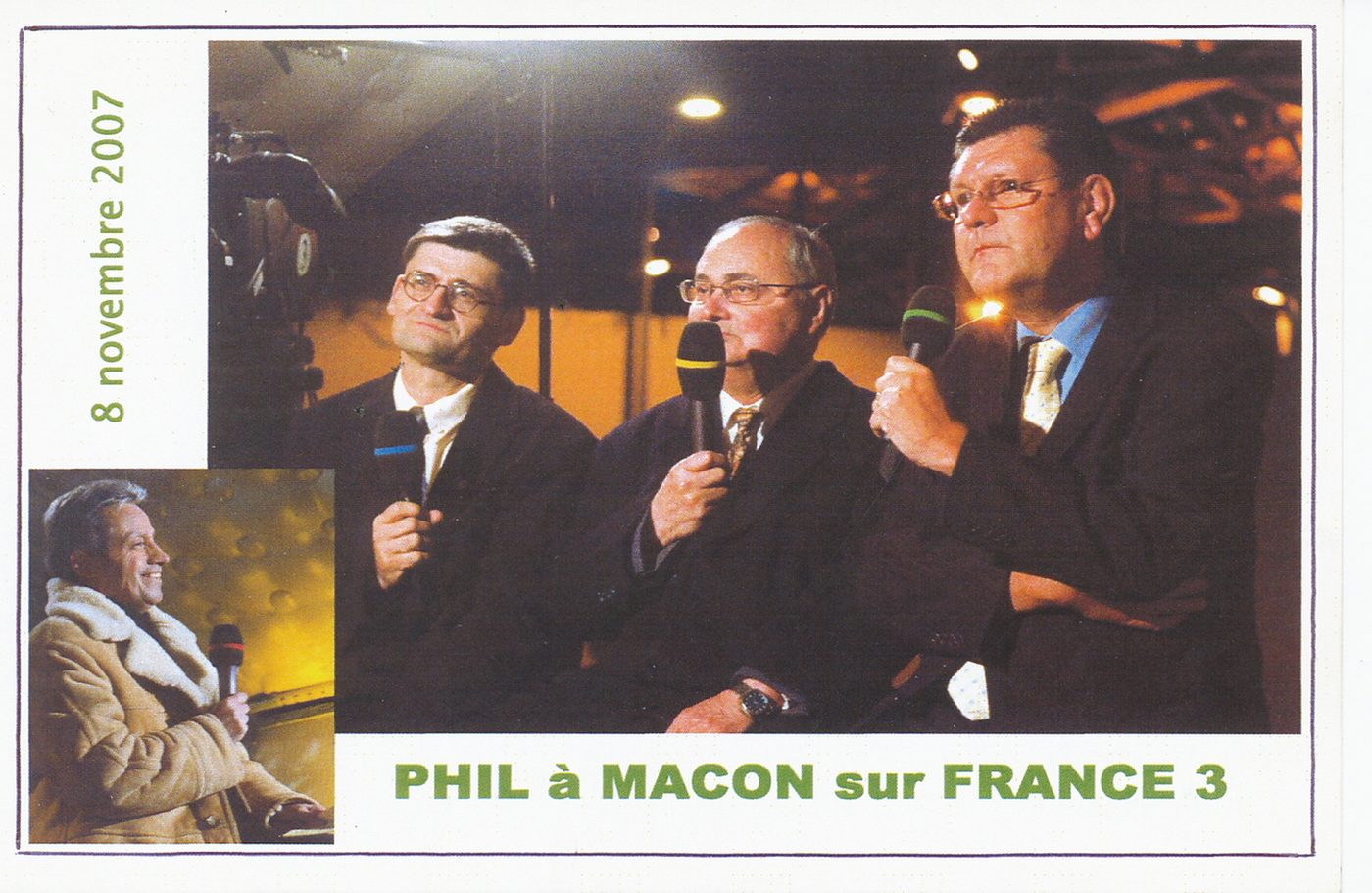Mâcon, 8 novembre 2007. Phil à Mâcon sur France 3. 8 novembre 2007 "ça manque pas d'air". Emission de "France 3 Bourgogne" en direct de la médiathèque. "A l'occasion de "Phil à Mâcon" une émission en direct animée par François-Marie Lapchnine permet de présenter Phil à Mâcon. Parole est donnée à Emmanuel Jallageas, Jean-Paul Noly, Sylvain Monteiller et Jean-Patrick Courtois.