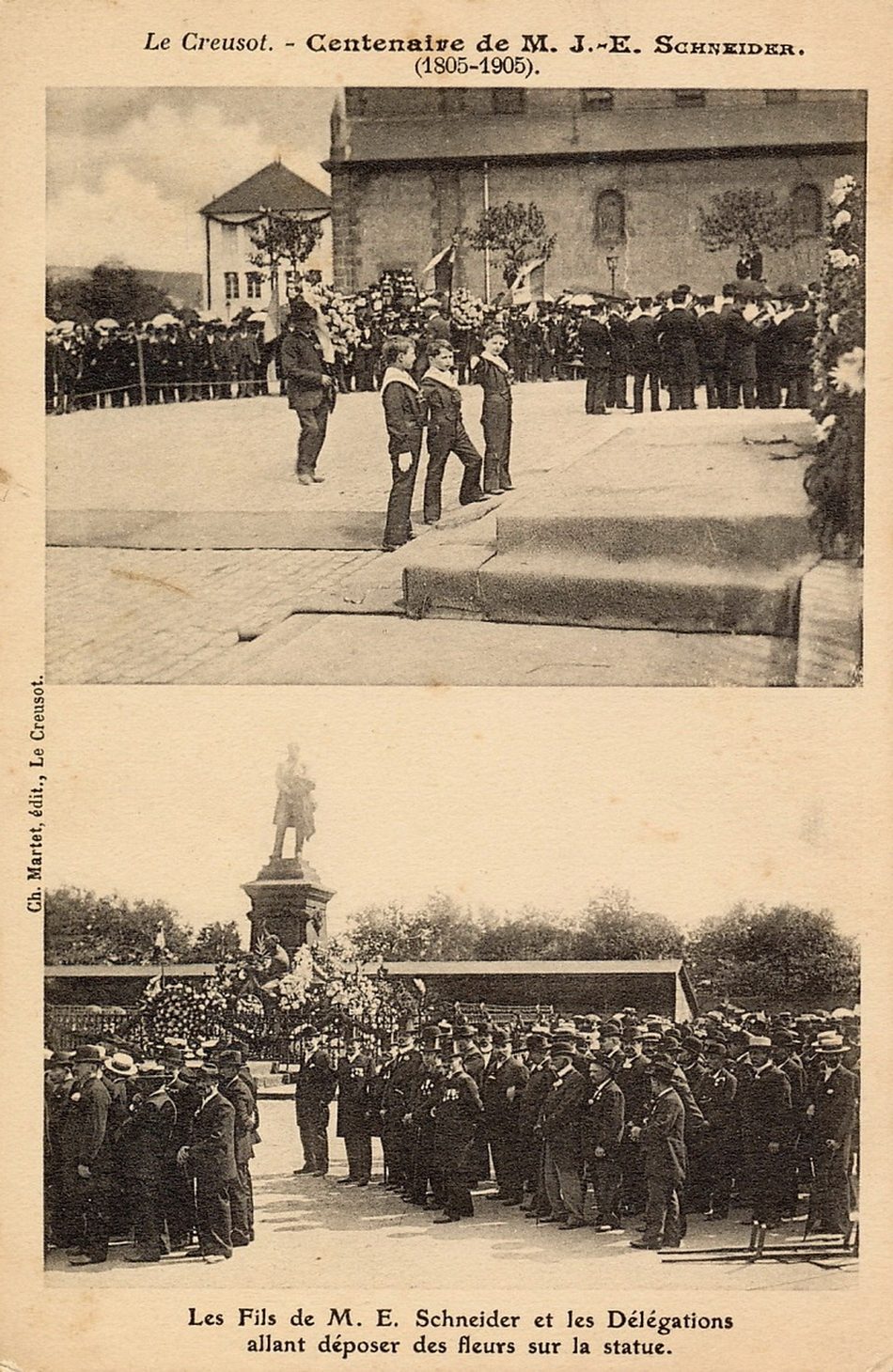 Le Creusot. Centenaire de M. J.E. Schneider (1805-1905). Les fils de M. E. Schneider et les délégations allant déposer des fleurs sur la statue.