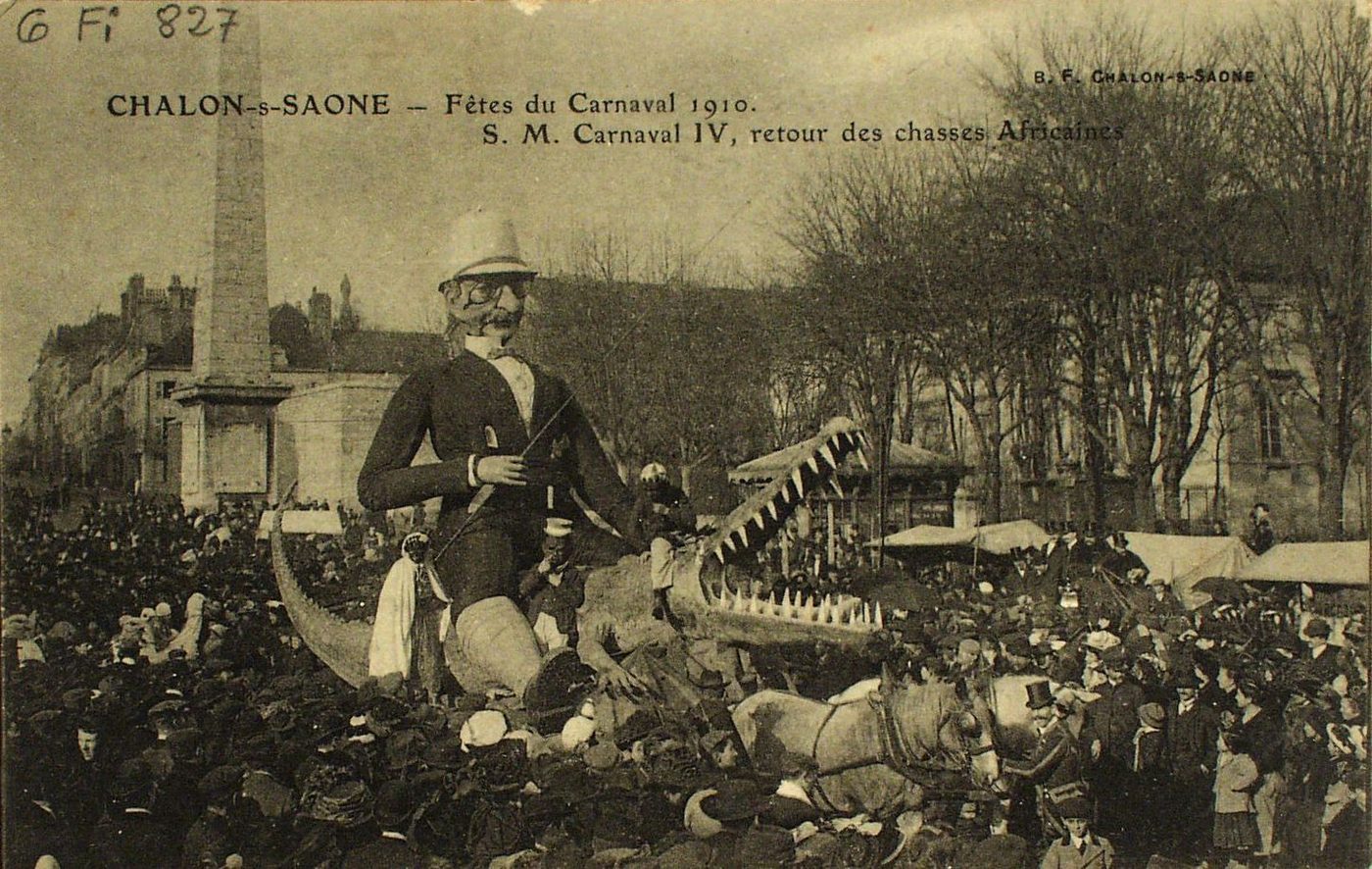 Chalon-sur-Saône. Fêtes du carnaval 1910. S.M Carnaval IV, retour des chasses Africaines.