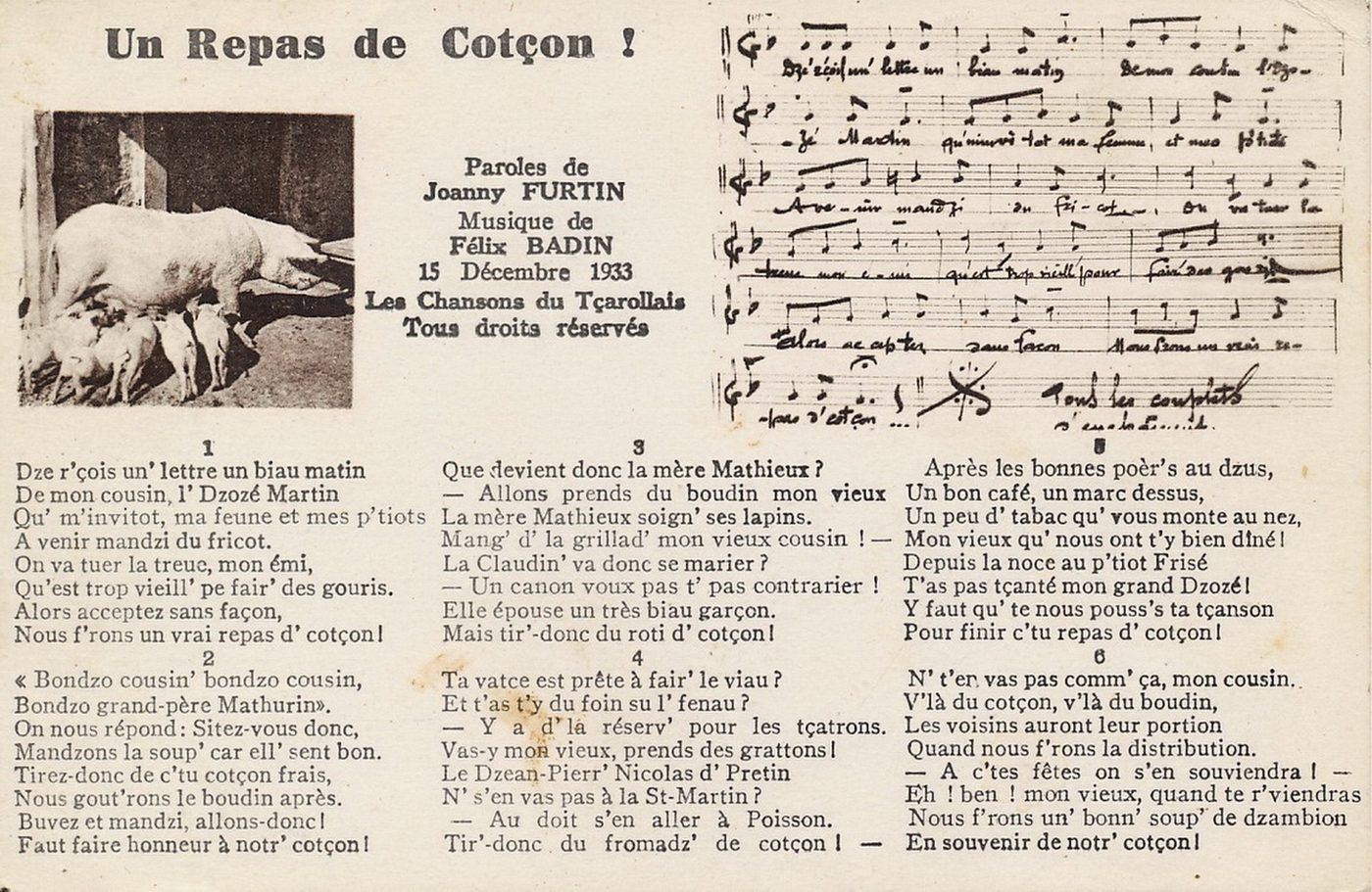 Les chansons du tçarollais : Un repas de cotçon ! paroles de Joanny Furtin et musique de Félix Badin.