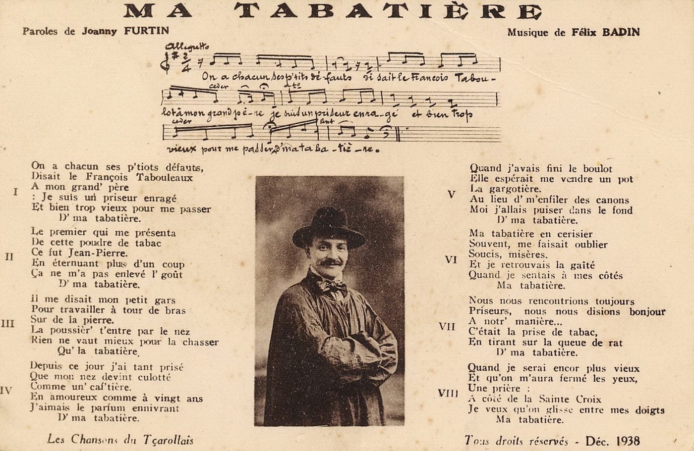 Les chansons du tçarollais : Ma Tabatière, paroles de Joanny Furtin et musique de Félix Badin.
