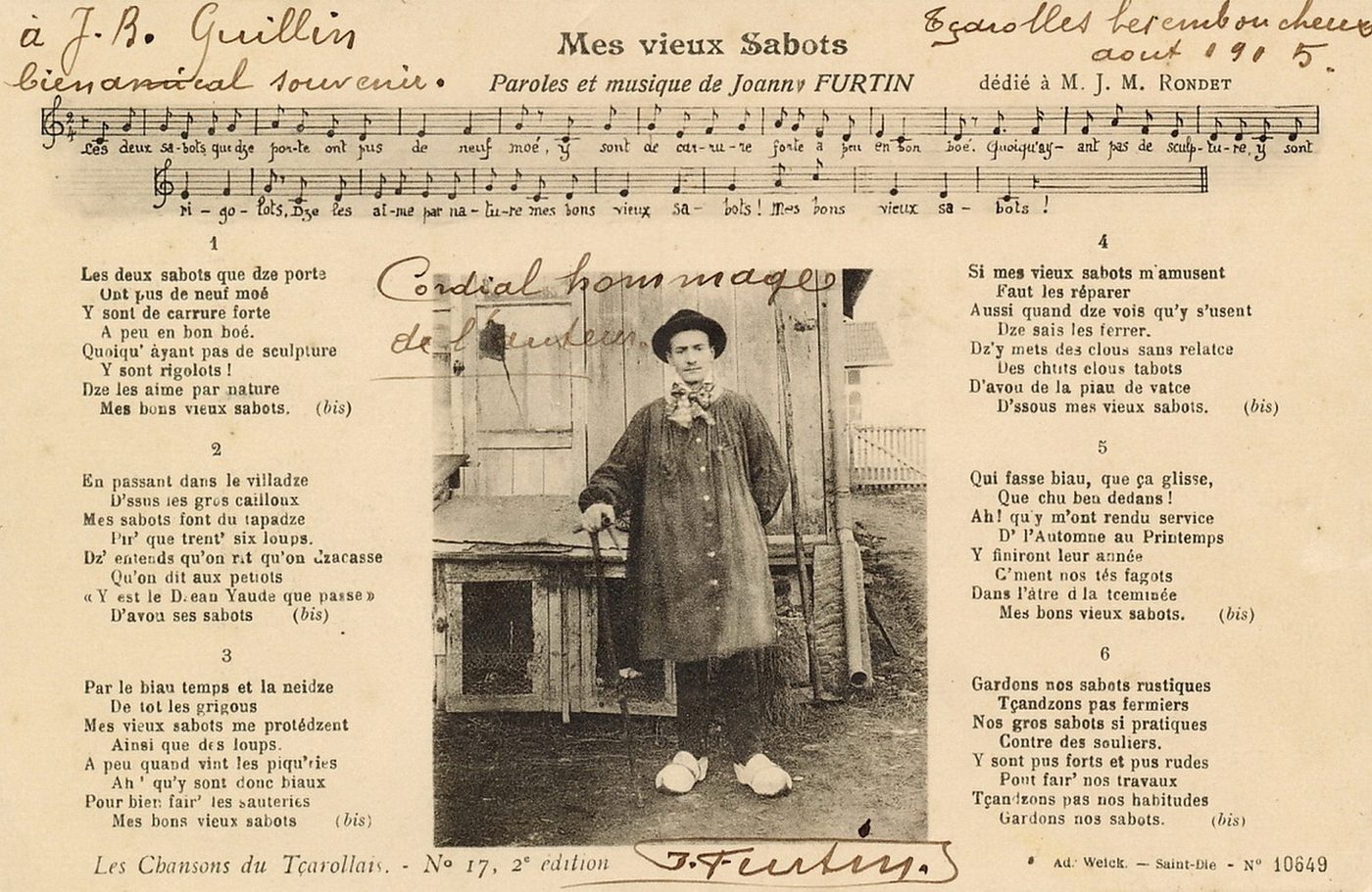 Les chansons du tçarollais, n° 17, 2e édition : Mes vieux sabots, paroles et musique de Joanny Furtin.