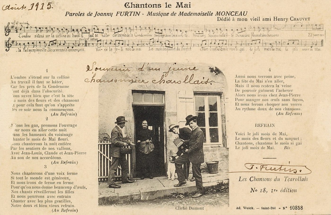 Les chansons du tçarollais, n° 18, 1ère édition : Chantons le Mai, paroles de Joanny Furtin, musique de Mademoiselle Monceau. Dédié à mon vieil ami Henri Chauvet.
