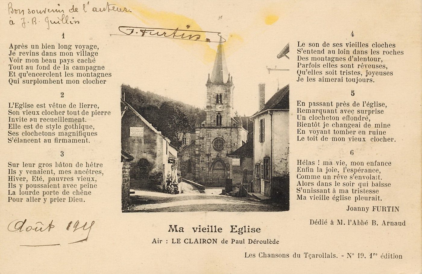 Les chansons du tçarollais, n° 19, 1ère édition : Ma vieille église, paroles de Joanny Furtin ; air : le clairon de Paul Déroulède. Dédié à l'abbé B. Arnaud.