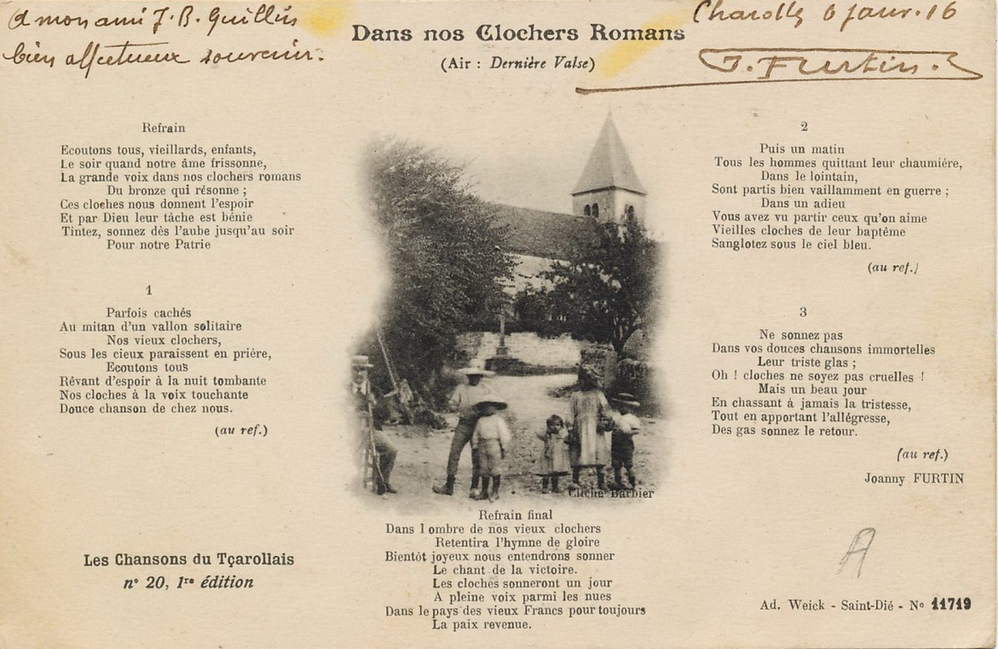 Les chansons du tçarollais, n° 20, 1ère édition : Dans nos clochers romans, air : dernière valse, paroles de Joanny Furtin.