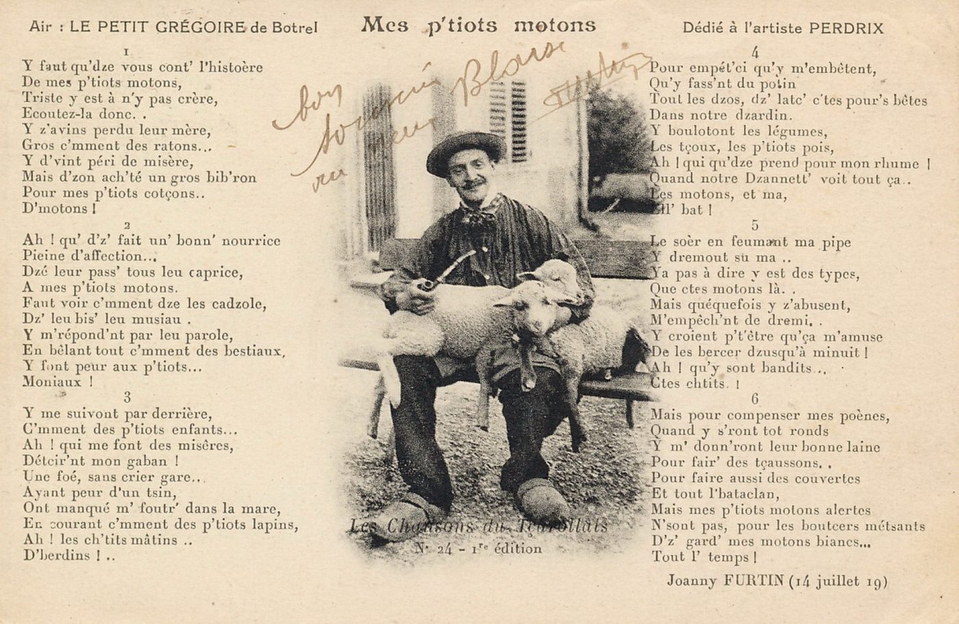 Les chansons du tçarollais, n°24, 1ère édition : Mes p'tiots motons, paroles de Joanny Furtin. Dédié à l'ami Perdrix. Air Le petit Grégoire de Botrel.